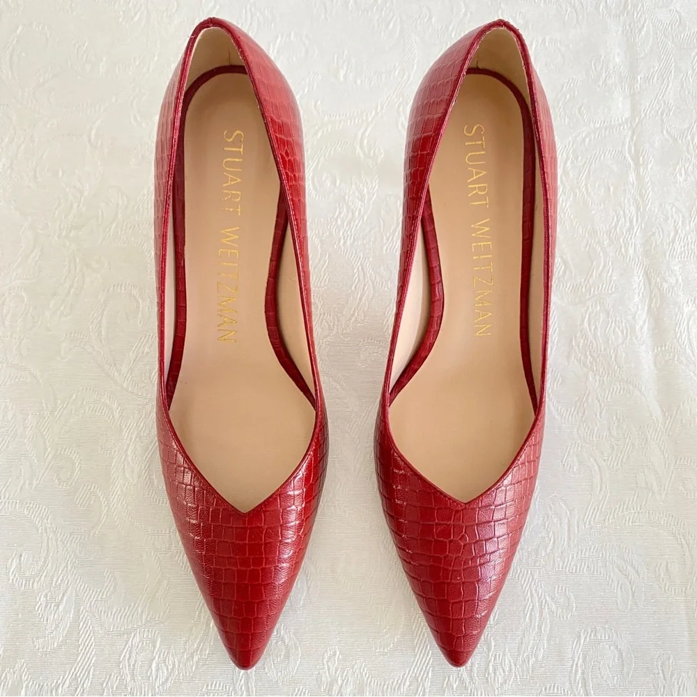 Stuart Weitzman Signature ANNY 70 Pumps in Leather Embossed Red Chile Croc